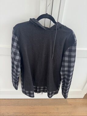 Black Hooded Shirt with Gray Plaid Sleeves - Men